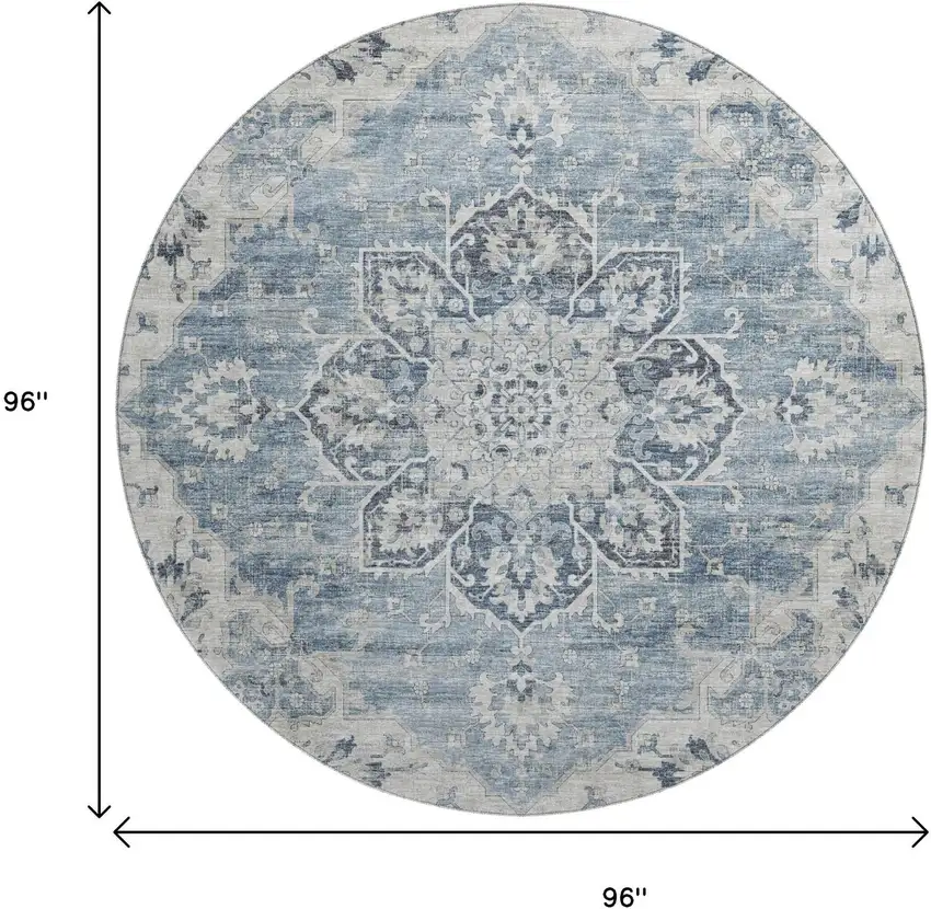 8' Blue Ivory And Gray Floral Medallion Washable Round Rug With UV Protection Photo 3