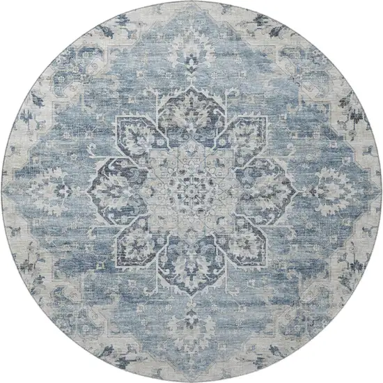 8' Blue Ivory And Gray Floral Medallion Washable Round Rug With UV Protection Photo 4