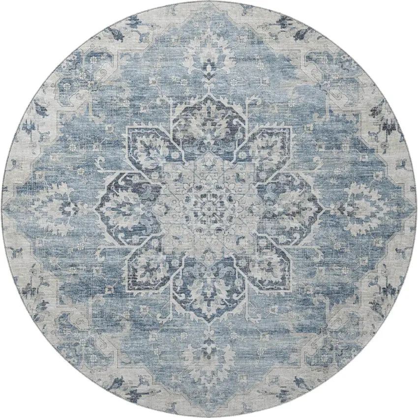8' Blue Ivory And Gray Floral Medallion Washable Round Rug With UV Protection Photo 4