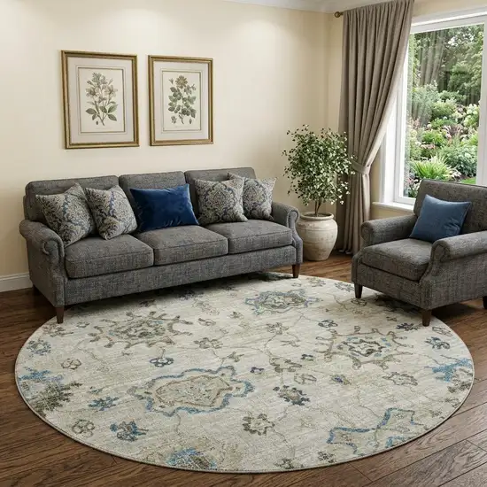 8' Blue Ivory And Gray Floral Medallion Distressed Washable Round Rug With UV Protection Photo 1