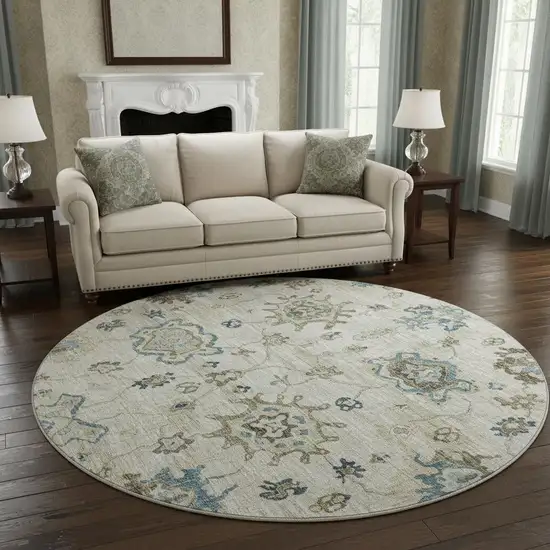 8' Blue Ivory And Gray Floral Medallion Washable Round Rug With UV Protection Photo 1