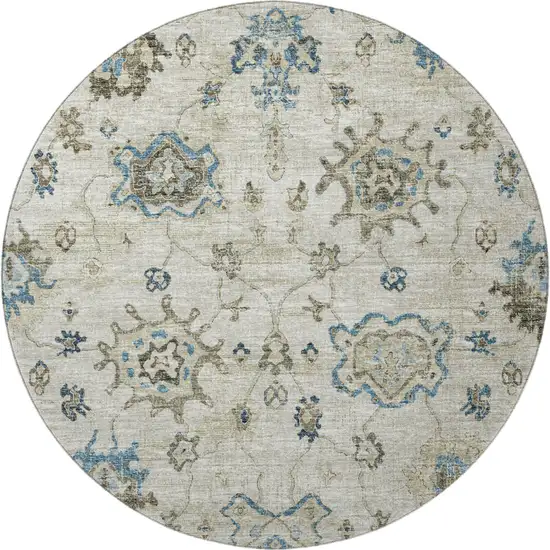 8' Blue Ivory And Gray Floral Medallion Washable Round Rug With UV Protection Photo 4