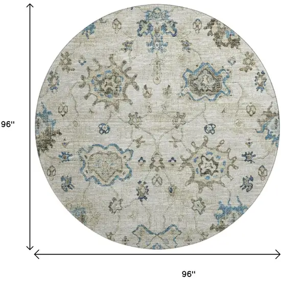 8' Blue Ivory And Gray Floral Medallion Washable Round Rug With UV Protection Photo 3
