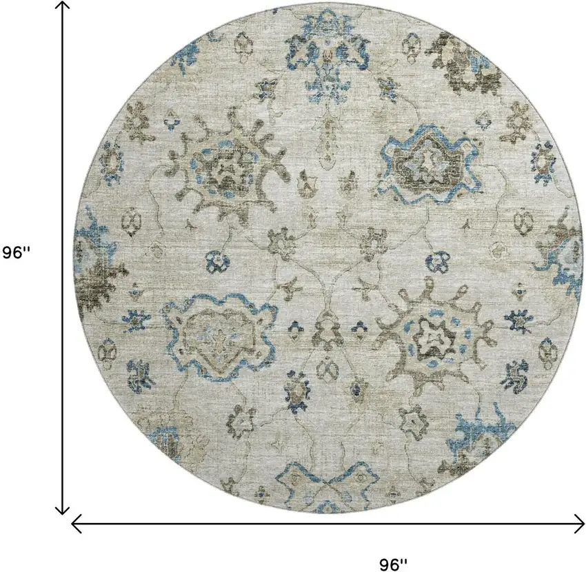 8' Blue Ivory And Gray Floral Medallion Washable Round Rug With UV Protection Photo 3