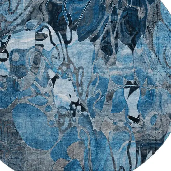 8' Blue Ivory And Gray Floral Washable Round Rug With UV Protection Photo 3