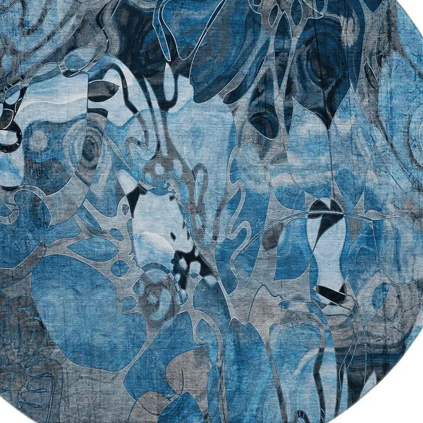 8' Blue Ivory And Gray Floral Washable Round Rug With UV Protection Photo 3