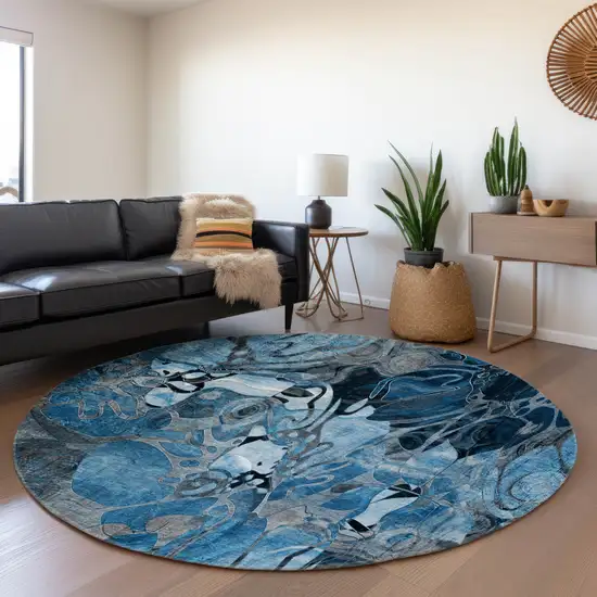 8' Blue Ivory And Gray Floral Washable Round Rug With UV Protection Photo 5