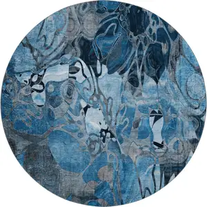 Photo of 8' Blue Ivory And Gray Floral Washable Round Rug With UV Protection