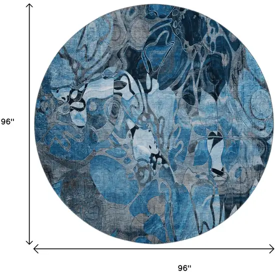 8' Blue Ivory And Gray Abstract Distressed Washable Round Rug With UV Protection Photo 9