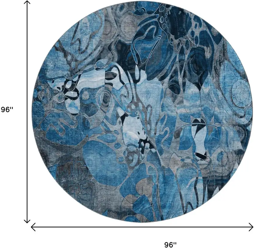 8' Blue Ivory And Gray Abstract Distressed Washable Round Rug With UV Protection Photo 9