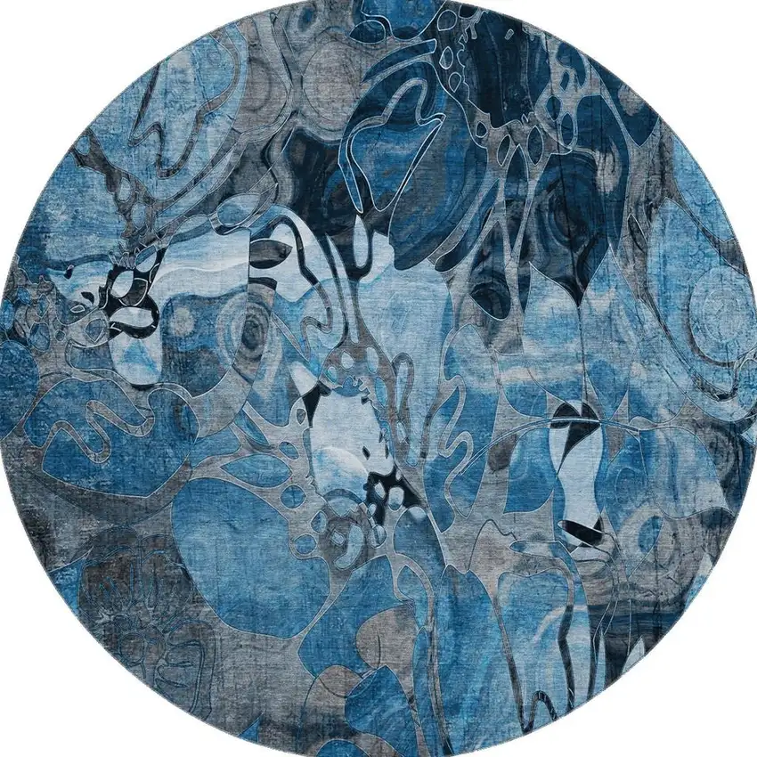 8' Blue Ivory And Gray Floral Washable Round Rug With UV Protection Photo 4