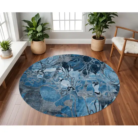 8' Blue Ivory And Gray Floral Washable Round Rug With UV Protection Photo 2