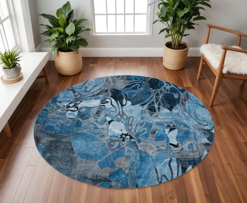 8' Blue Ivory And Gray Floral Washable Round Rug With UV Protection Photo 2