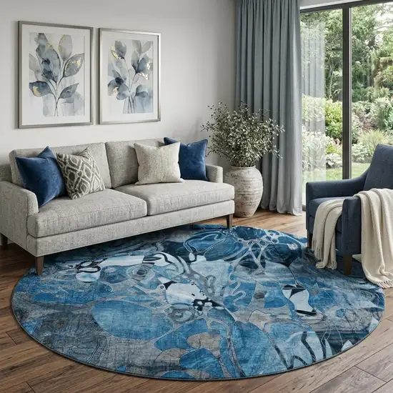 8' Blue Ivory And Gray Abstract Distressed Washable Round Rug With UV Protection Photo 1