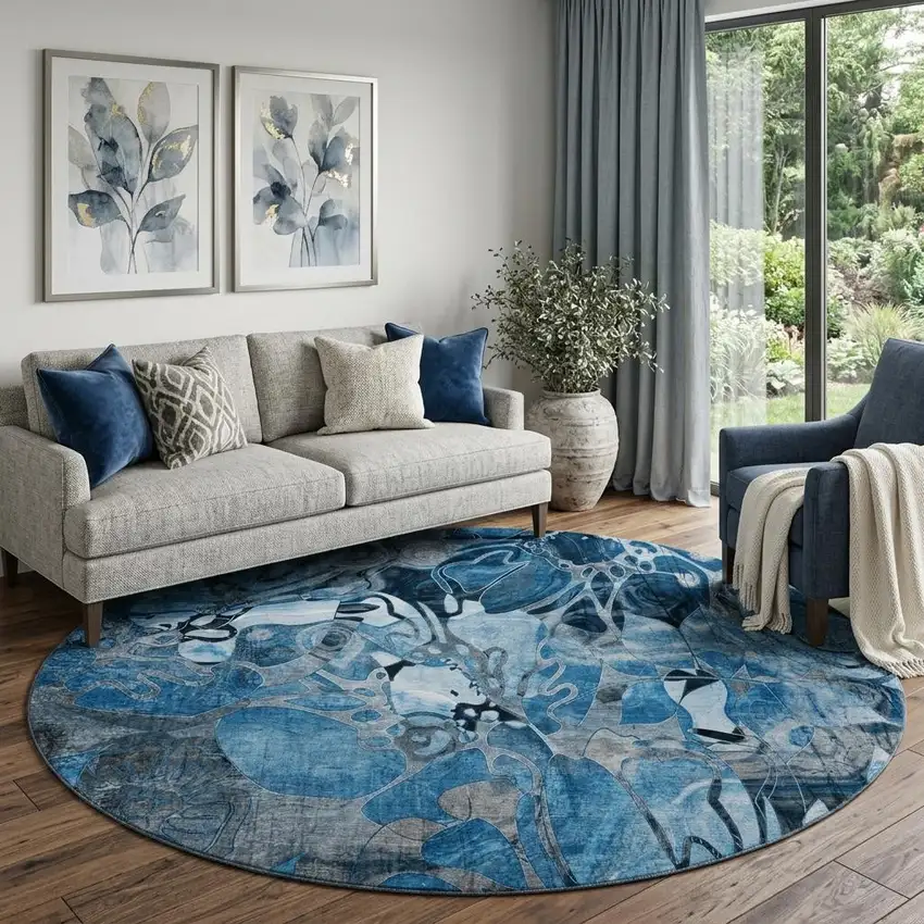8' Blue Ivory And Gray Abstract Distressed Washable Round Rug With UV Protection Photo 1