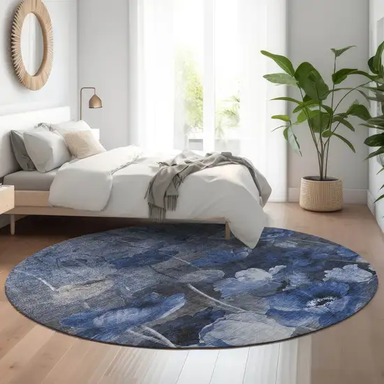 8' Blue Ivory And Gray Floral Washable Round Rug With UV Protection Photo 5