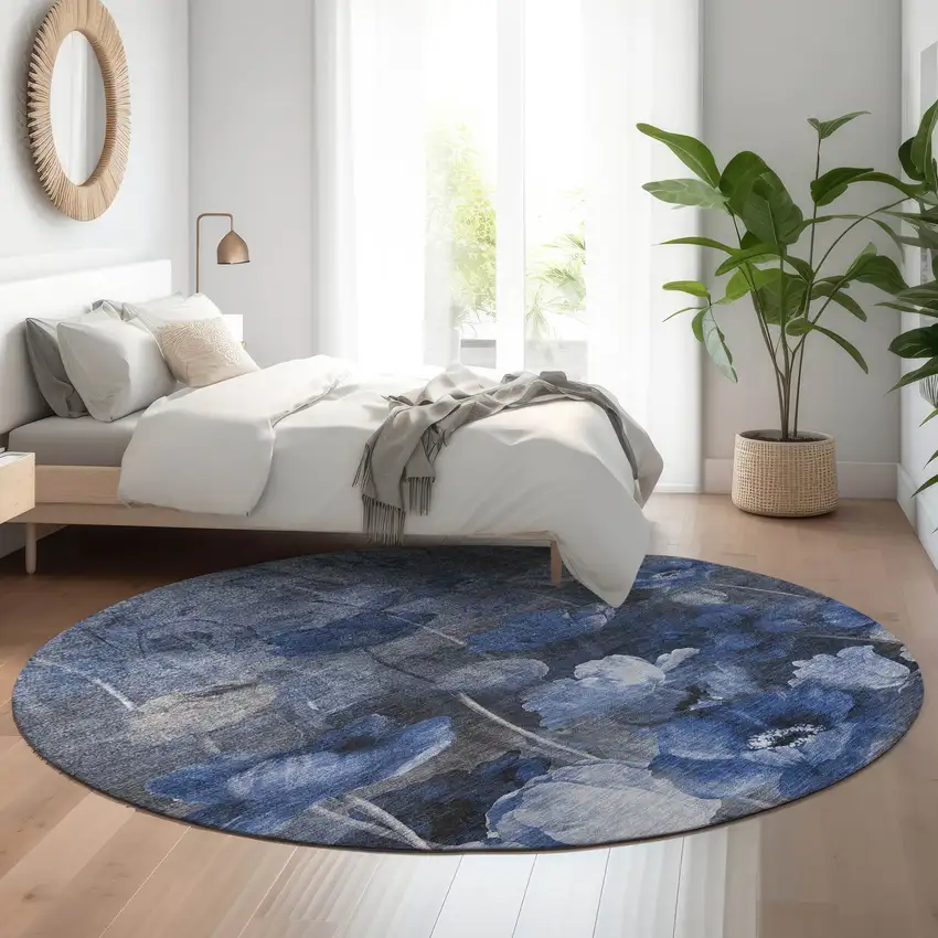 8' Blue Ivory And Gray Floral Washable Round Rug With UV Protection Photo 5
