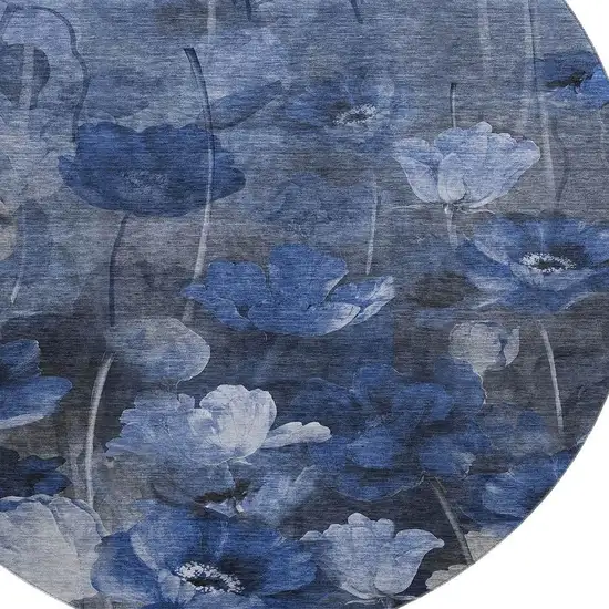 8' Blue Ivory And Gray Floral Washable Round Rug With UV Protection Photo 3
