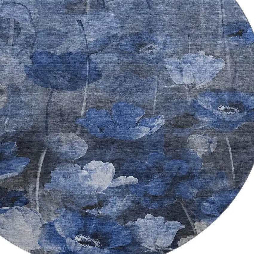 8' Blue Ivory And Gray Floral Washable Round Rug With UV Protection Photo 3