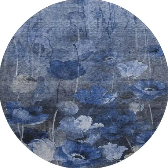 8' Blue Ivory And Gray Floral Washable Round Rug With UV Protection Photo 4