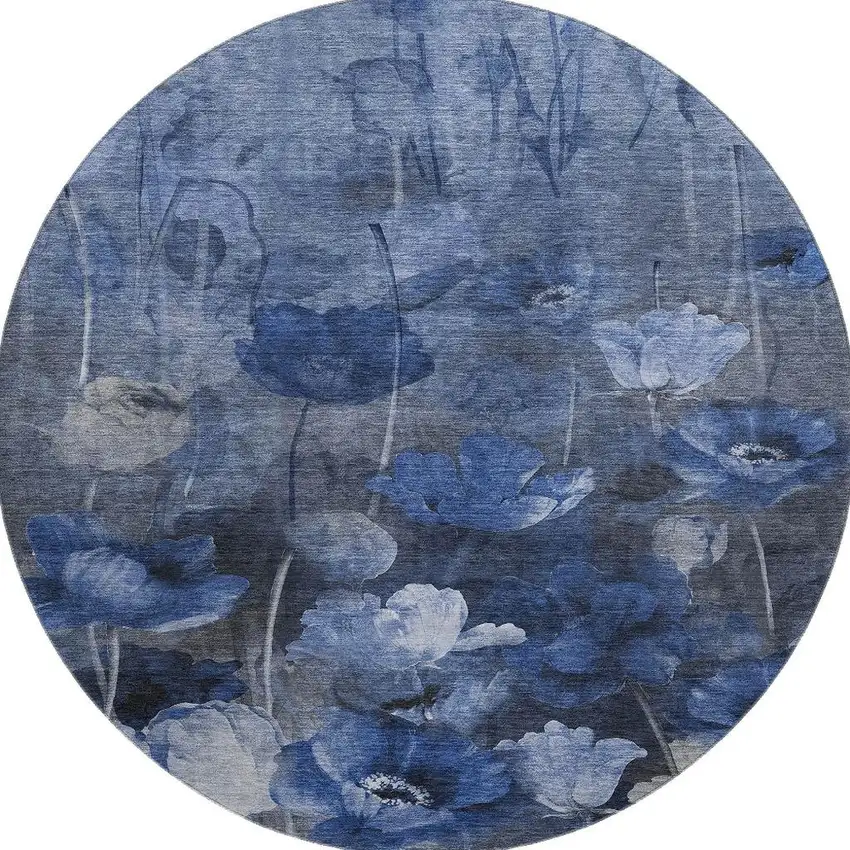 8' Blue Ivory And Gray Floral Washable Round Rug With UV Protection Photo 4