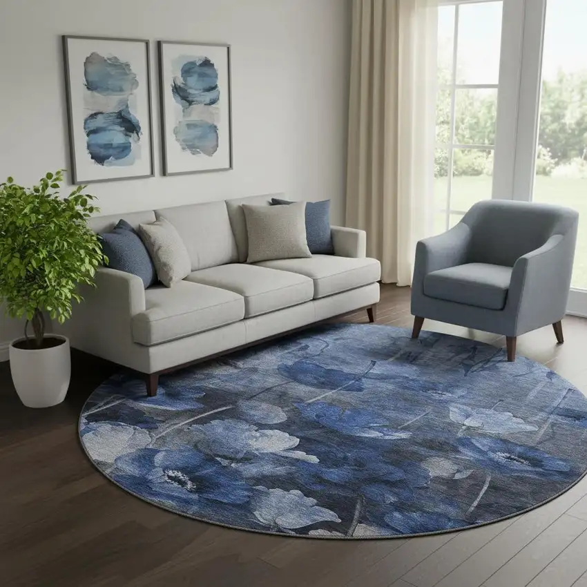 8' Blue Ivory And Gray Floral Washable Round Rug With UV Protection Photo 1