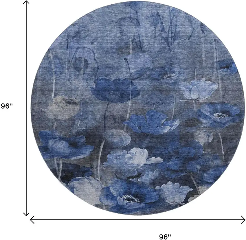 8' Blue Ivory And Gray Floral Washable Round Rug With UV Protection Photo 3