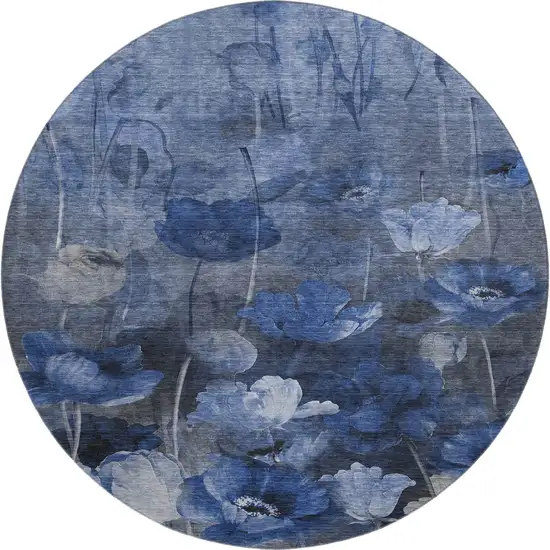 8' Blue Ivory And Gray Floral Washable Round Rug With UV Protection Photo 1