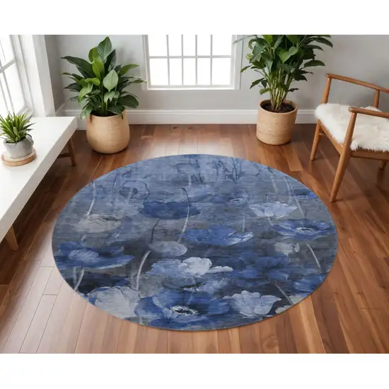 8' Blue Ivory And Gray Floral Washable Round Rug With UV Protection Photo 2