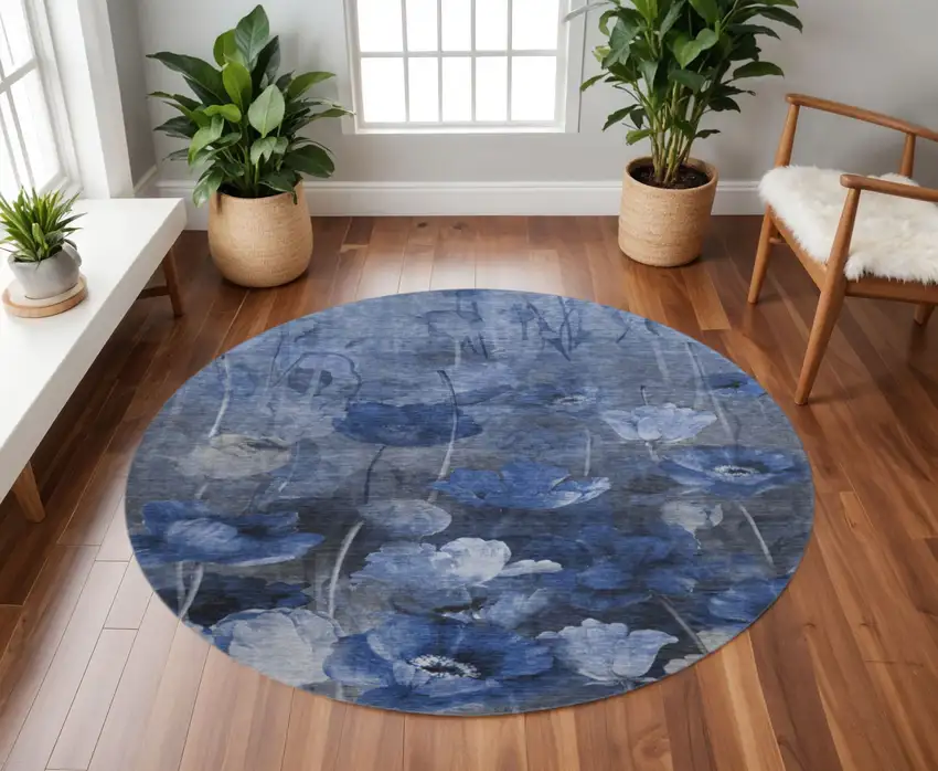 8' Blue Ivory And Gray Floral Washable Round Rug With UV Protection Photo 2