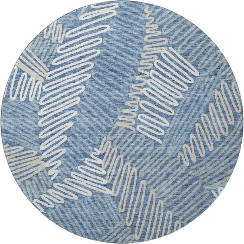 8' Blue Ivory And Gray Floral Washable Round Rug With UV Protection Photo 4