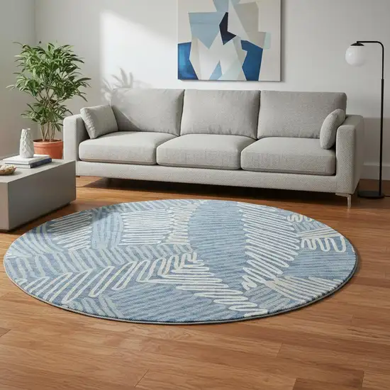 8' Blue Ivory And Gray Floral Washable Round Rug With UV Protection Photo 2
