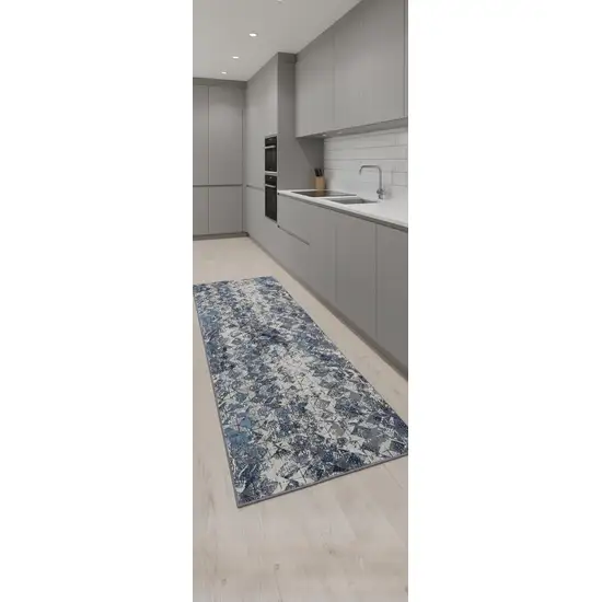 8' Blue Ivory And Gray Geometric Distressed Runner Rug Photo 1