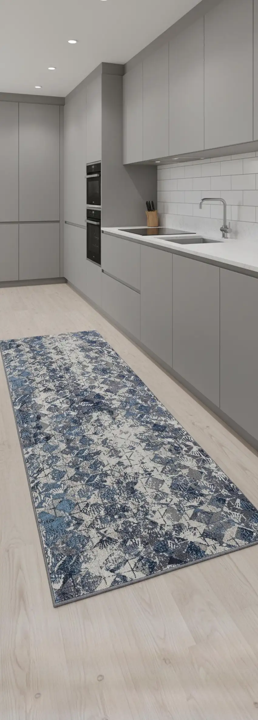 8' Blue Ivory And Gray Geometric Distressed Runner Rug Photo 1