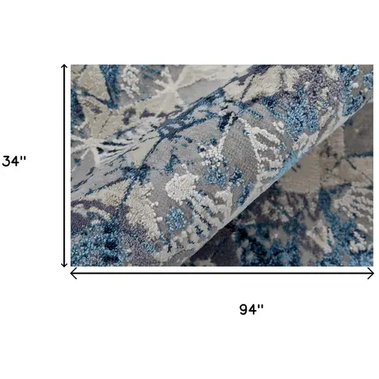 8' Blue Ivory And Gray Geometric Distressed Runner Rug Photo 7