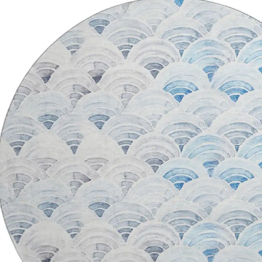 8' Blue Ivory And Gray Geometric Washable Round Rug With UV Protection Photo 3
