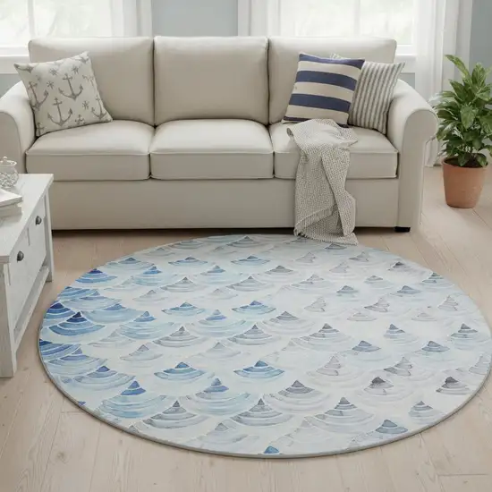 8' Blue Ivory And Gray Geometric Washable Round Rug With UV Protection Photo 1