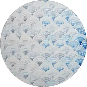 Photo of 8' Blue Ivory And Gray Geometric Washable Round Rug With UV Protection