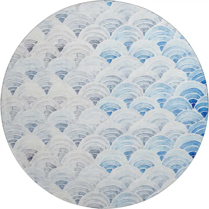8' Blue Ivory And Gray Geometric Washable Round Rug With UV Protection Photo 1