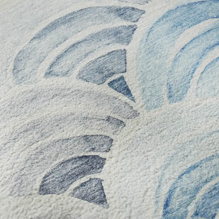 8' Blue Ivory And Gray Geometric Washable Round Rug With UV Protection Photo 9