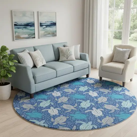 8' Blue Ivory And Gray Geometric Washable Round Rug With UV Protection Photo 1