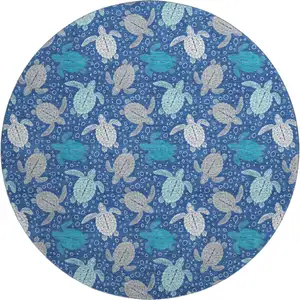 Photo of 8' Blue Ivory And Gray Geometric Washable Round Rug With UV Protection