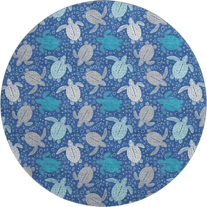 8' Blue Ivory And Gray Geometric Washable Round Rug With UV Protection Photo 1
