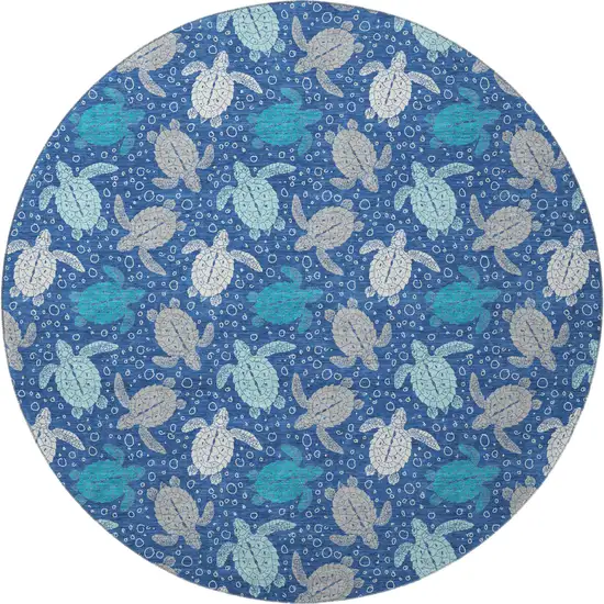 8' Blue Ivory And Gray Geometric Washable Round Rug With UV Protection Photo 4