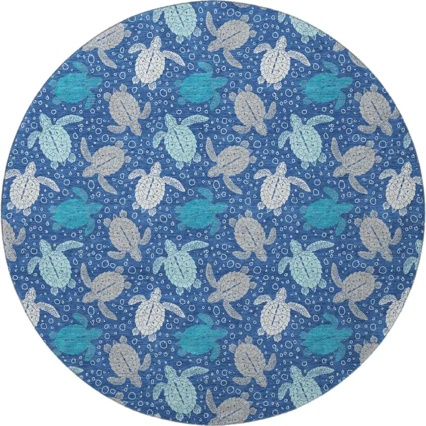 8' Blue Ivory And Gray Geometric Washable Round Rug With UV Protection Photo 4