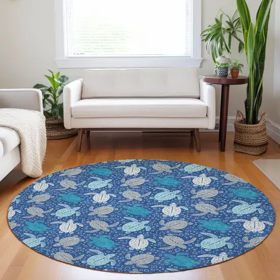 8' Blue Ivory And Gray Geometric Washable Round Rug With UV Protection Photo 5