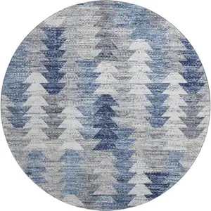 Photo of 8' Blue Ivory And Gray Geometric Washable Round Rug With UV Protection