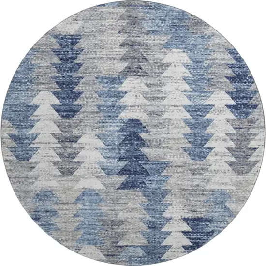 8' Blue Ivory And Gray Geometric Washable Round Rug With UV Protection Photo 1
