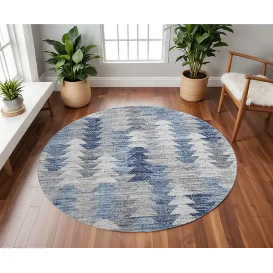 8' Blue Ivory And Gray Geometric Washable Round Rug With UV Protection Photo 2