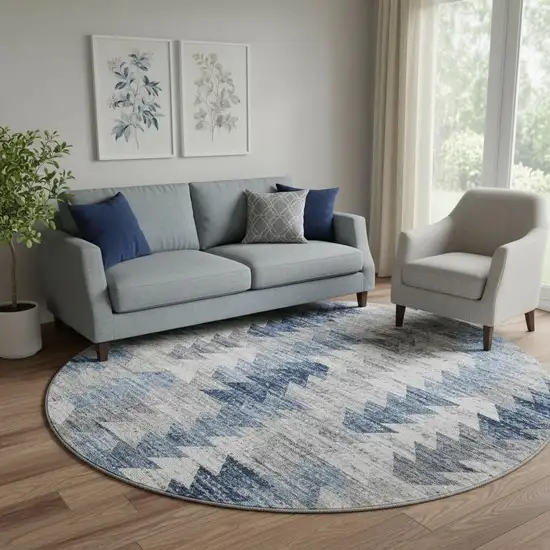 8' Blue Ivory And Gray Geometric Washable Round Rug With UV Protection Photo 1